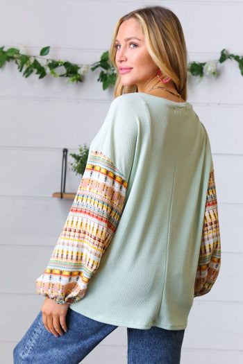 Sage Boho Print Challis Drop Sleeve Top Haptics