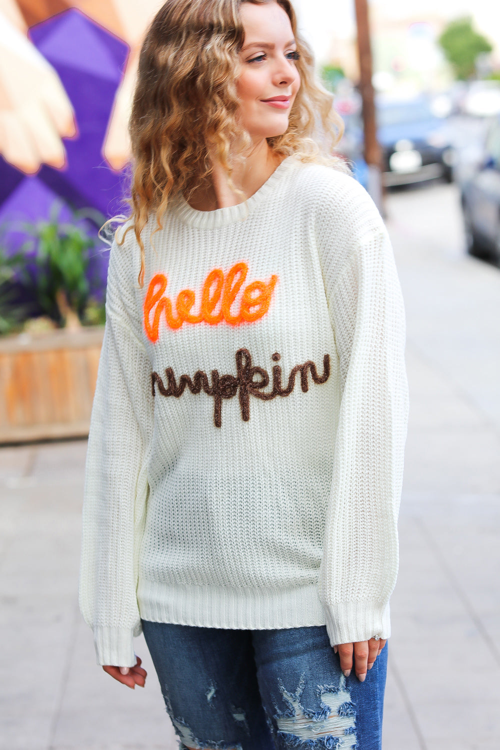 Spotlight Lurex Embroidered Neon "Hello Pumpkin" Chunky Sweater Haptics