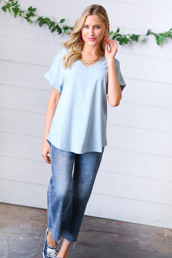 Ash Blue Wool Dobby Rolled Sleeve V Neck Top Zenana