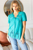 Teal Cotton Embroidered Button Down Cotton Top Haptics