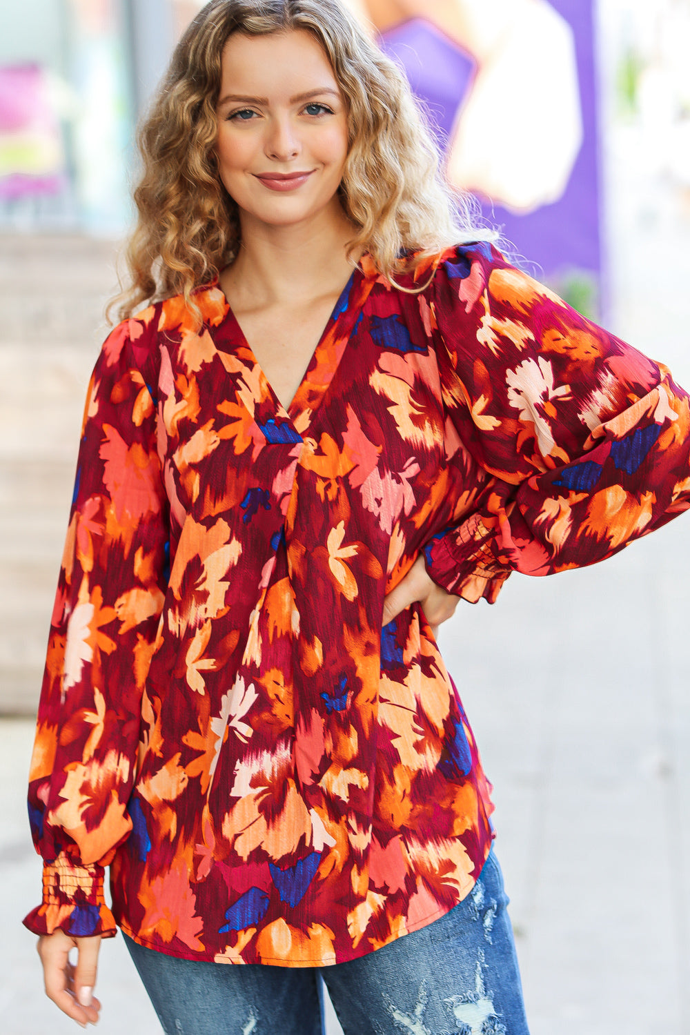 Face The Day Burgundy Floral Abstract Print V Neck Smocked Top Haptics