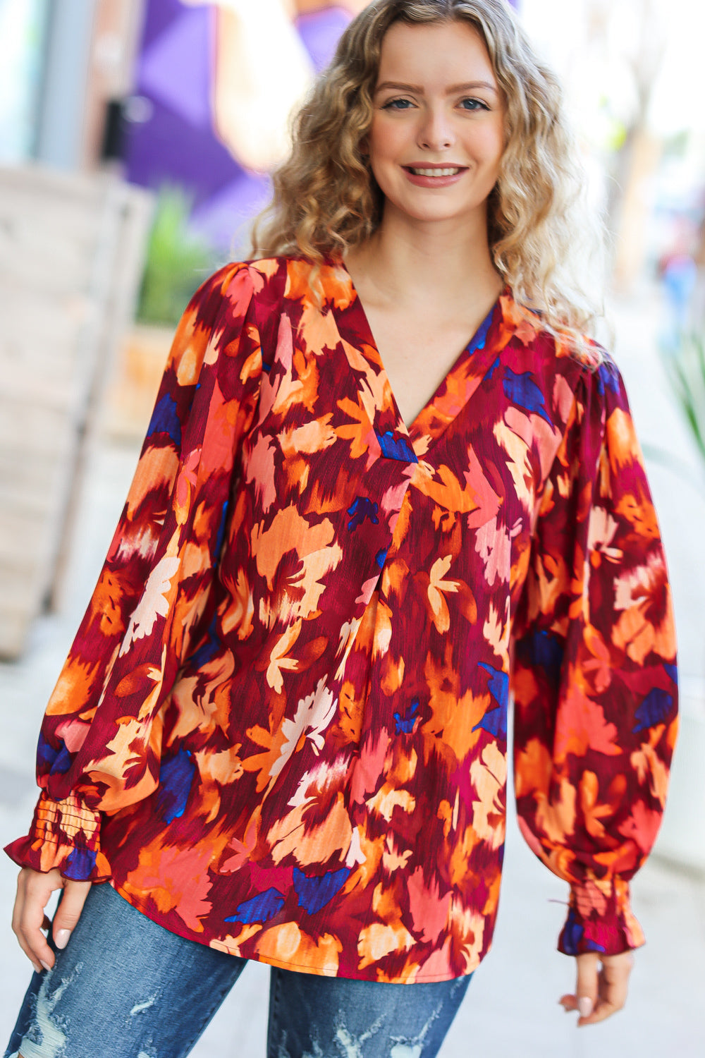 Face The Day Burgundy Floral Abstract Print V Neck Smocked Top Haptics