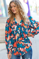 All I Ask Teal Floral Abstract Print V Neck Smocked Top Haptics