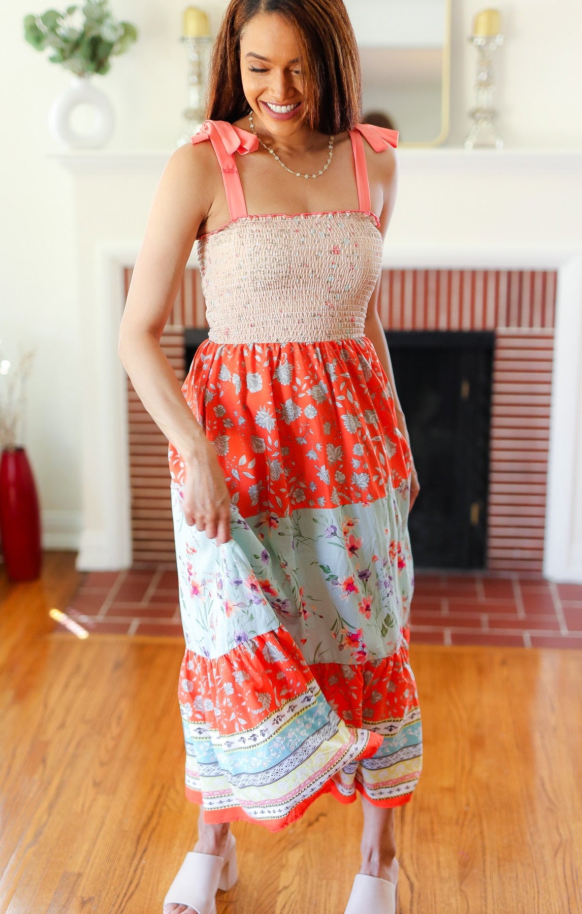 Vacay Vibes Taupe Floral Smocked Tube Top Tiered Maxi Dress Haptics