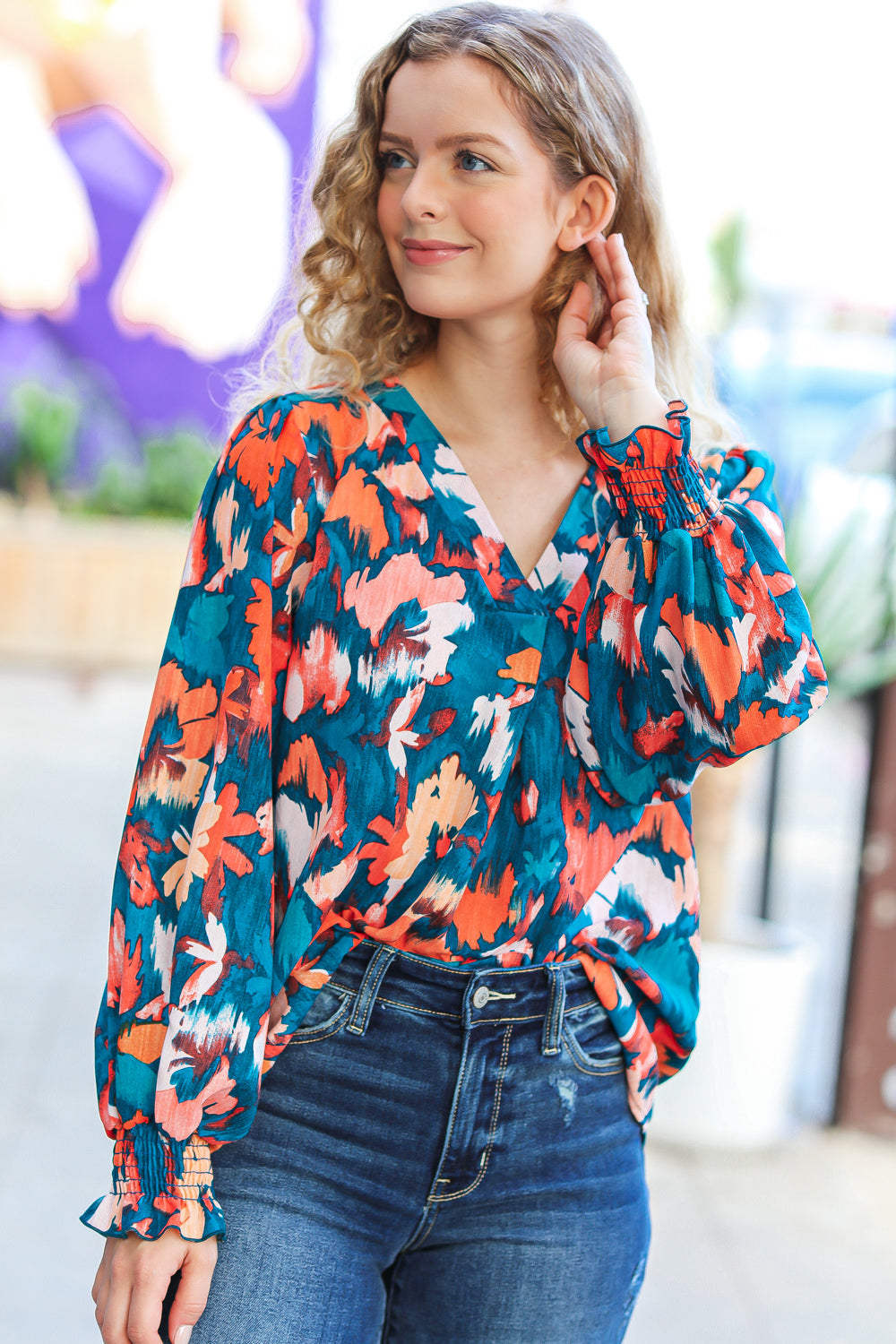 All I Ask Teal Floral Abstract Print V Neck Smocked Top Haptics