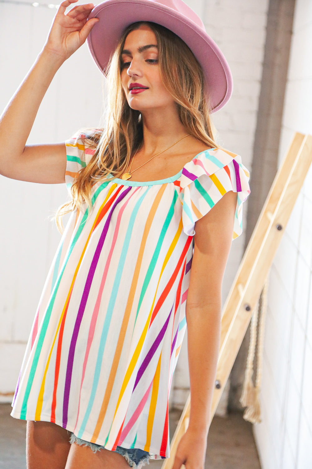 Multicolor Vertical Stripe Ruffle Frill Sleeve Top Haptics