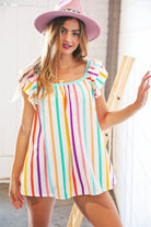 Multicolor Vertical Stripe Ruffle Frill Sleeve Top Haptics