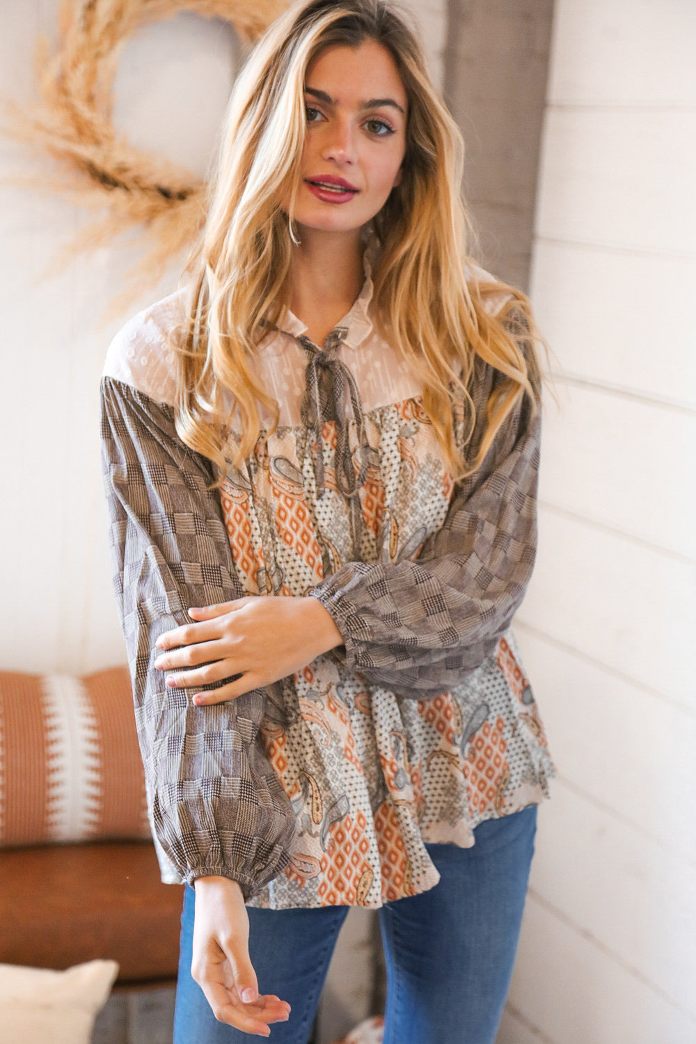 Taupe Paisley Print Houndstooth Mock Neck Top Sugarfox