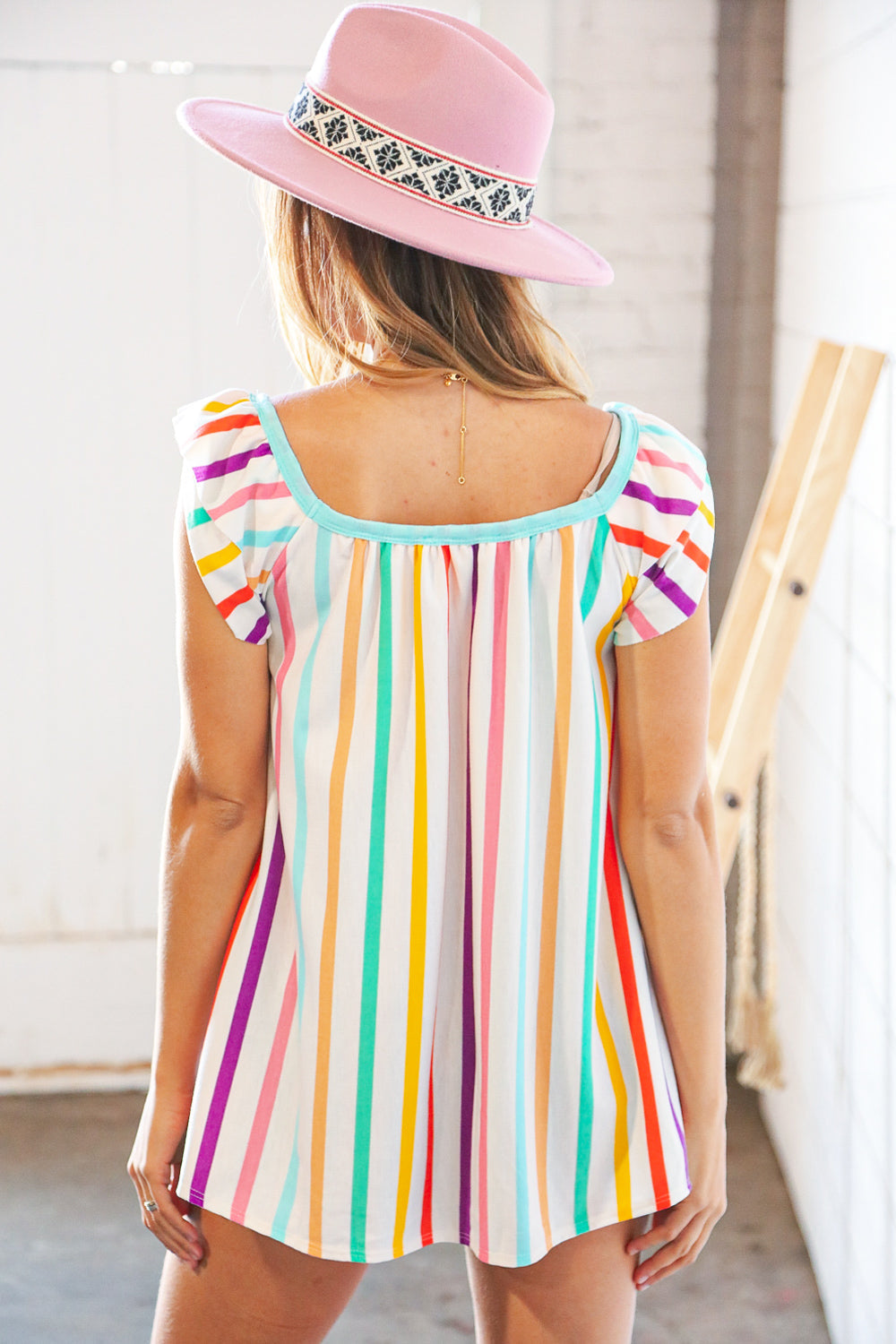 Multicolor Vertical Stripe Ruffle Frill Sleeve Top Haptics