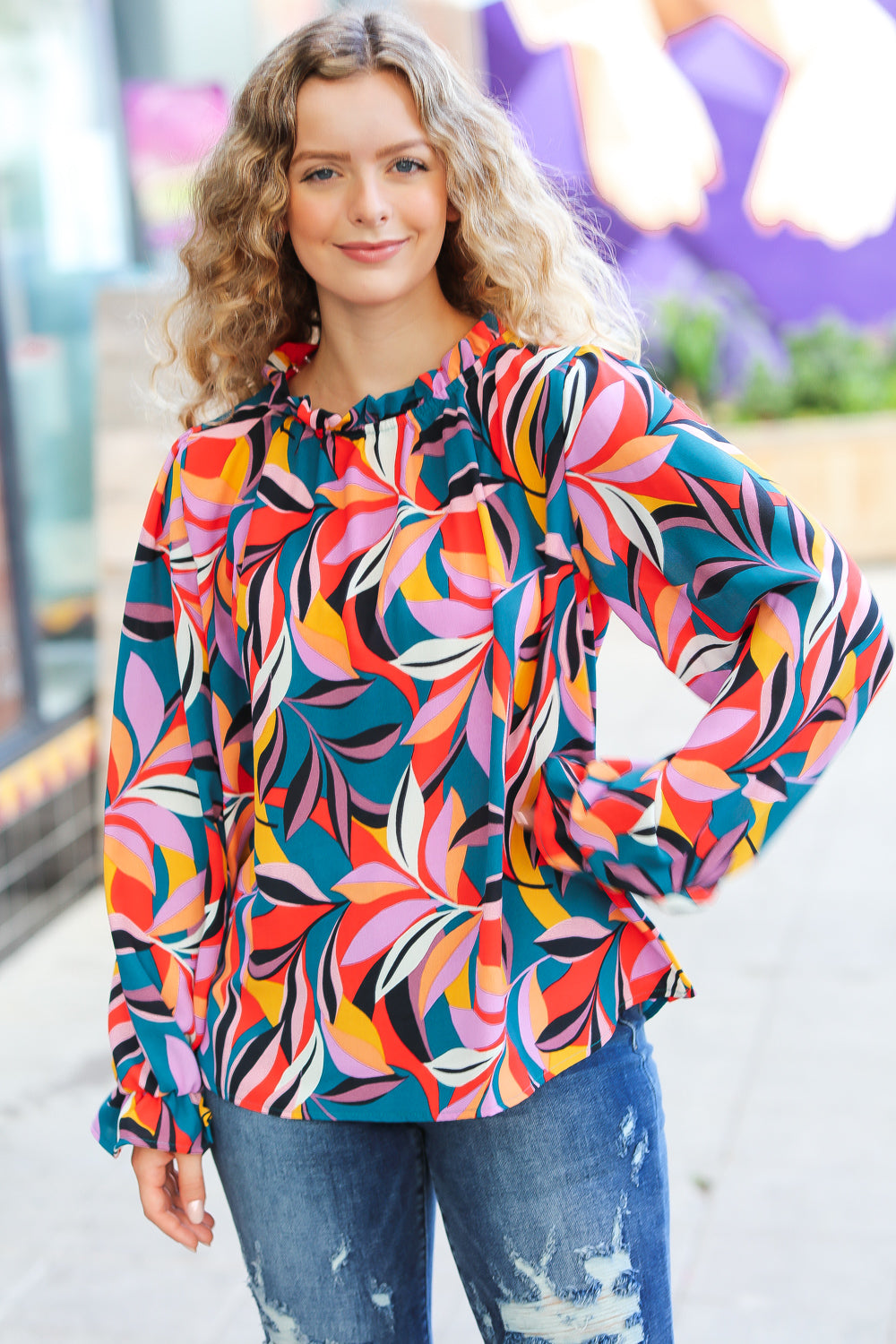 Weekend Vibes Teal & Rust Abstract Print Frill Neck Top Haptics
