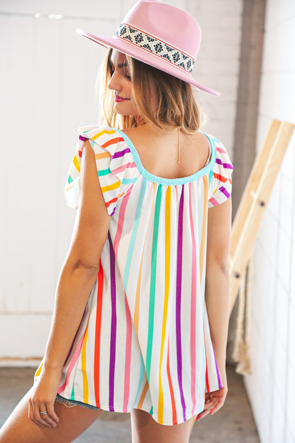 Multicolor Vertical Stripe Ruffle Frill Sleeve Top Haptics