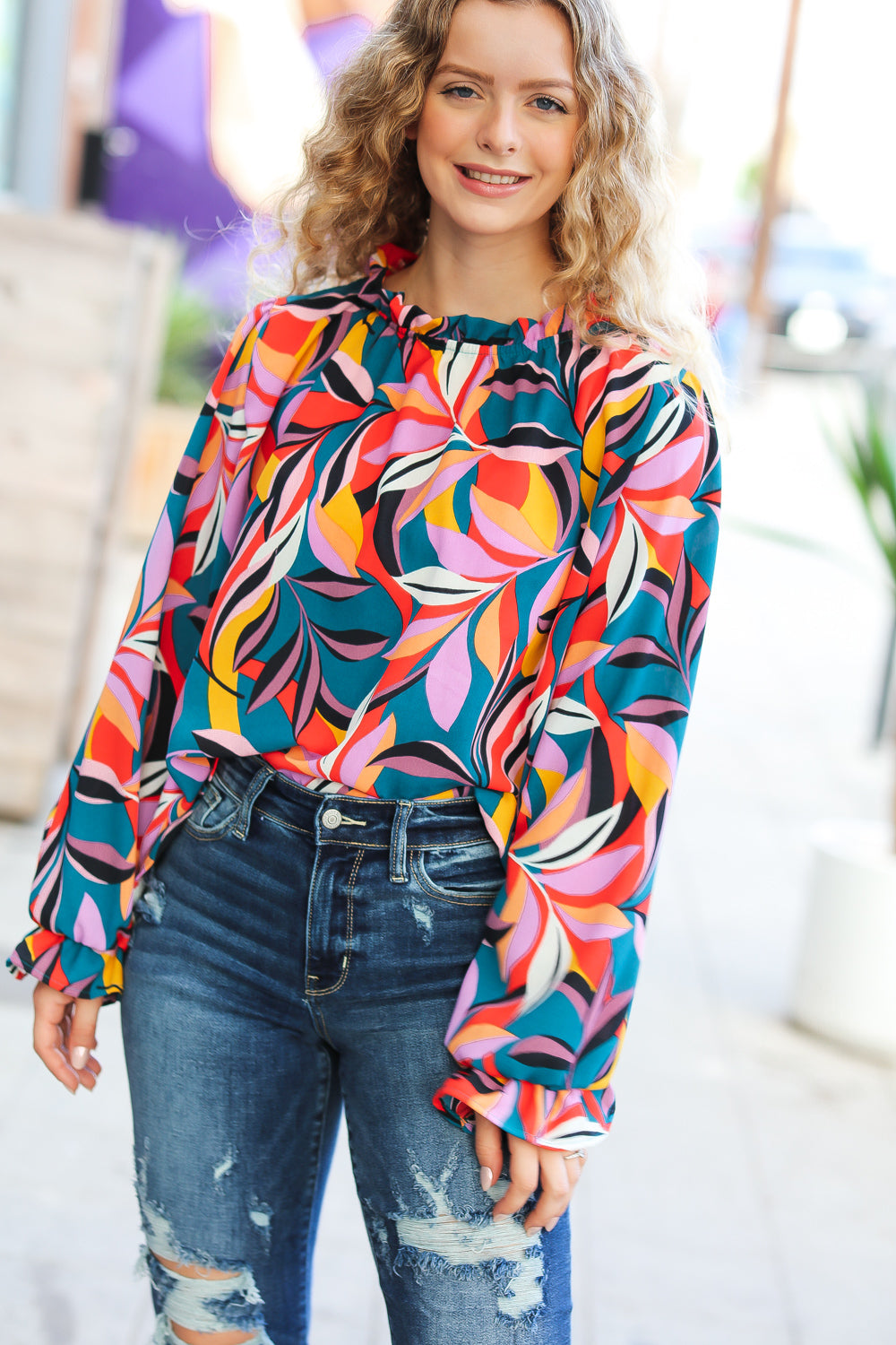 Weekend Vibes Teal & Rust Abstract Print Frill Neck Top Haptics