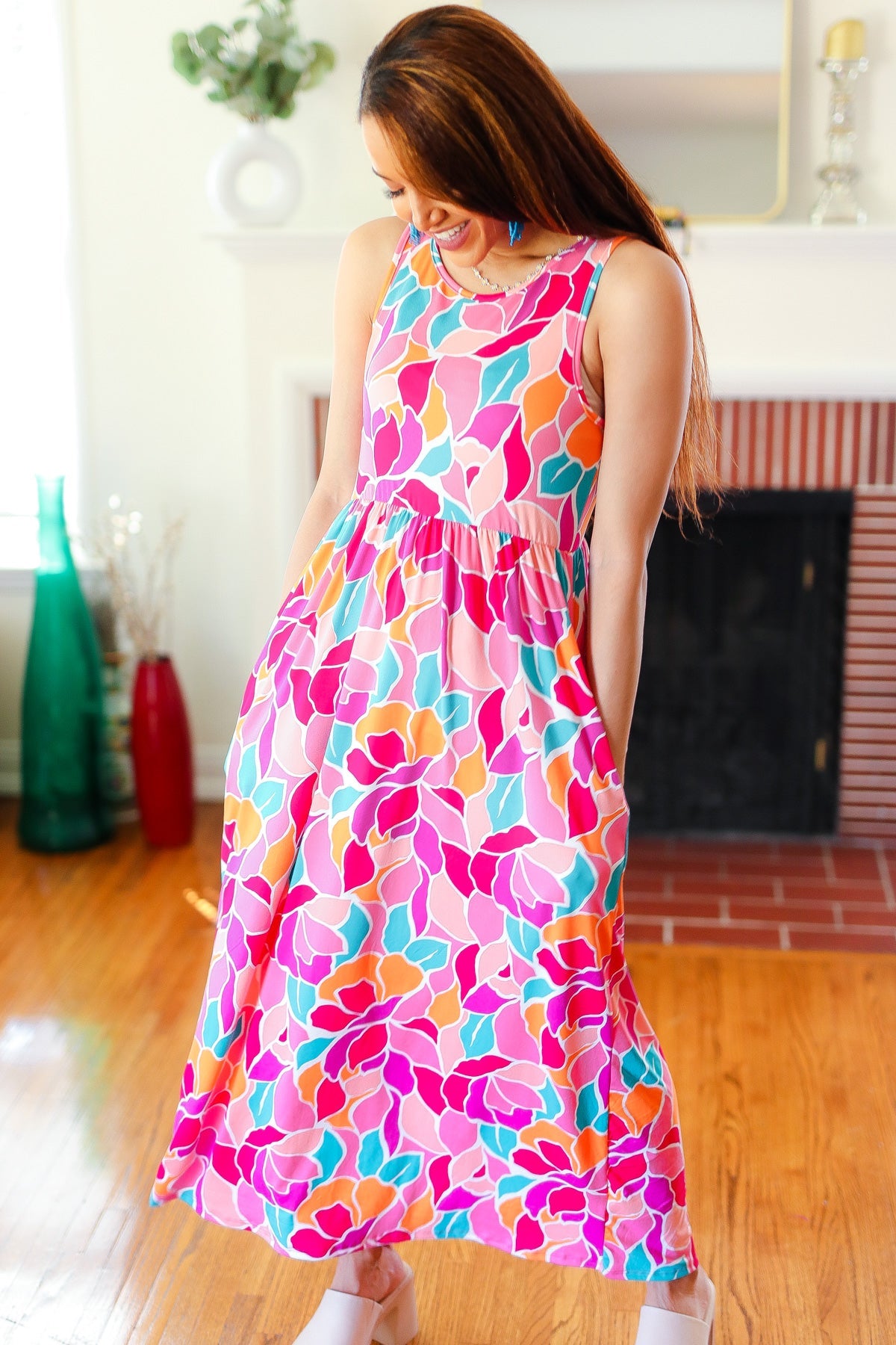 Hello Beautiful Fuchsia Abstract Floral Fit & Flare Maxi Dress Haptics