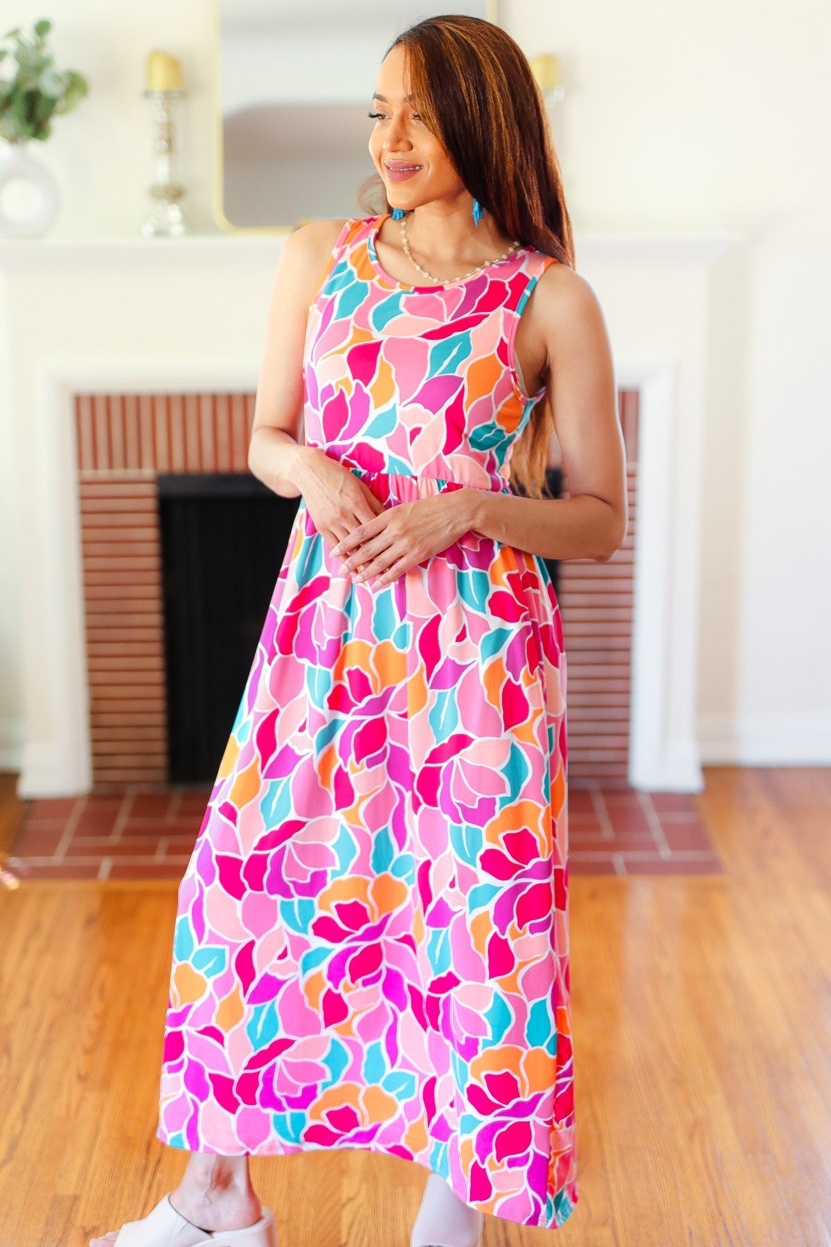 Hello Beautiful Fuchsia Abstract Floral Fit & Flare Maxi Dress Haptics