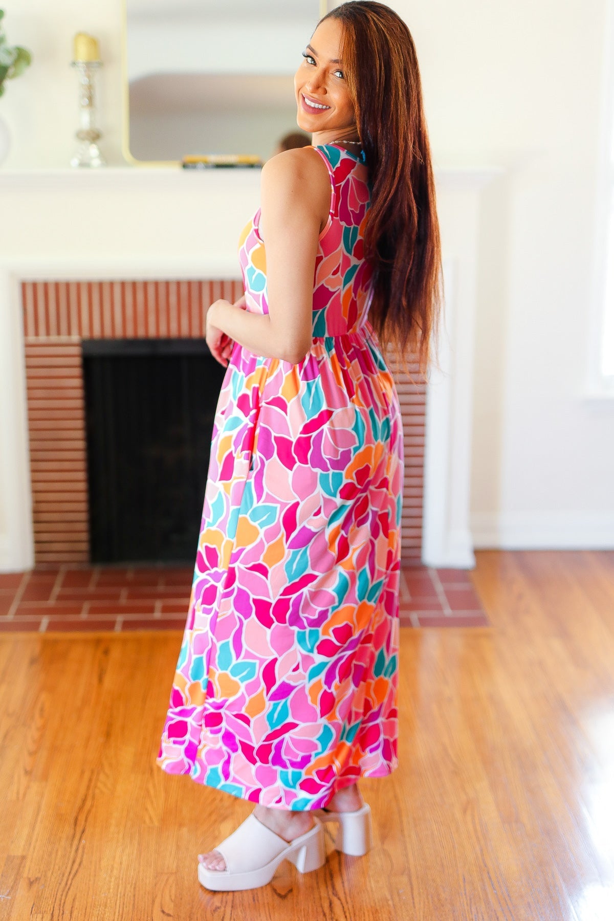 Hello Beautiful Fuchsia Abstract Floral Fit & Flare Maxi Dress Haptics