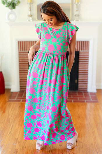 Stand Out Green & Fuchsia Floral Fit & Flare Maxi Dress Haptics