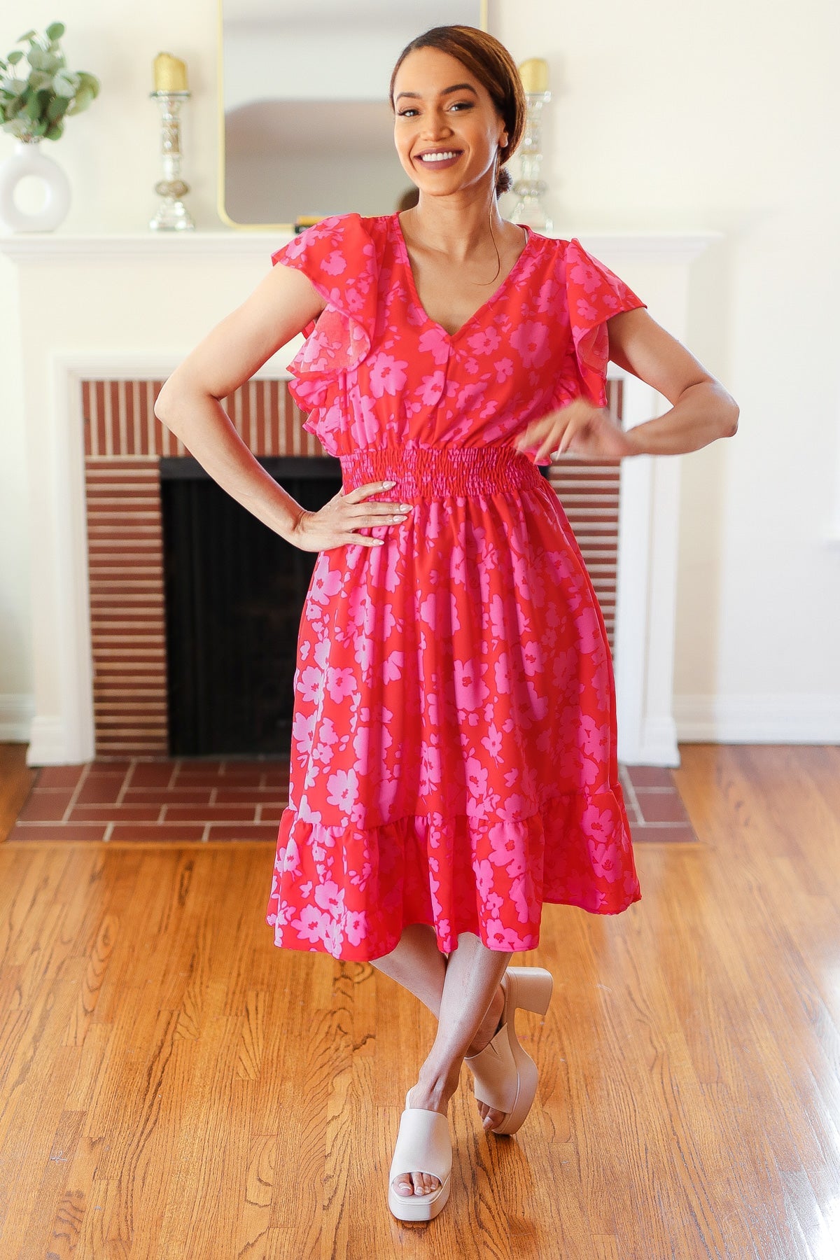 Remember Me Red & Pink Floral Print Smocked Waist Midi Dress Haptics