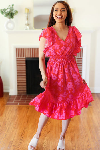 Remember Me Red & Pink Floral Print Smocked Waist Midi Dress Haptics