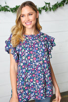 Navy Floral Mock Neck Flutter Sleeve Top Haptics