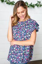 Navy Floral Mock Neck Flutter Sleeve Top Haptics