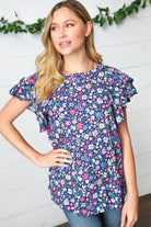 Navy Floral Mock Neck Flutter Sleeve Top Haptics