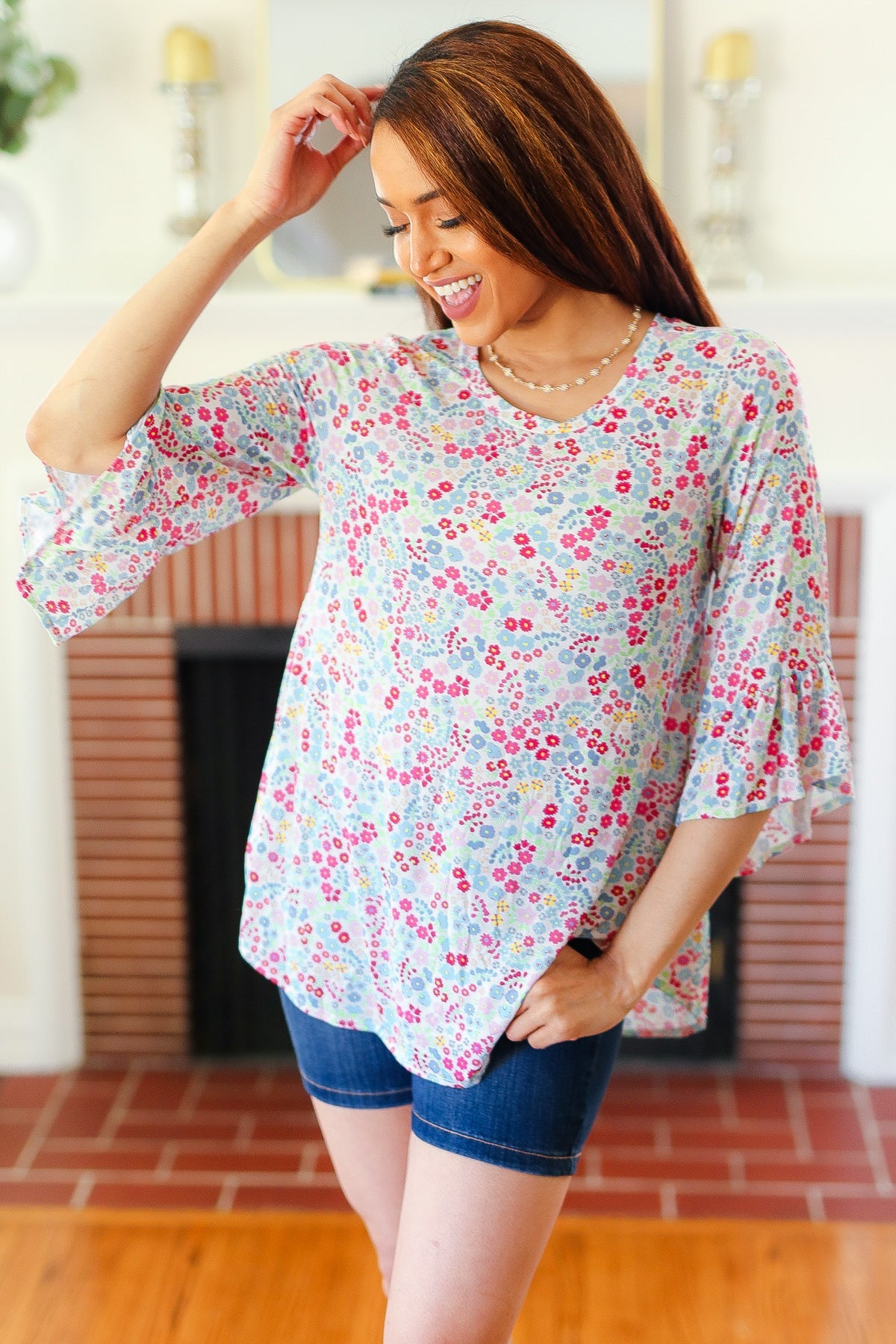 Feeling It Blue Floral Print Ruffle Three Quarter Sleeve Top Hayzel