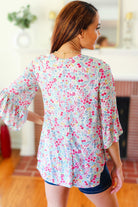 Feeling It Blue Floral Print Ruffle Three Quarter Sleeve Top Hayzel