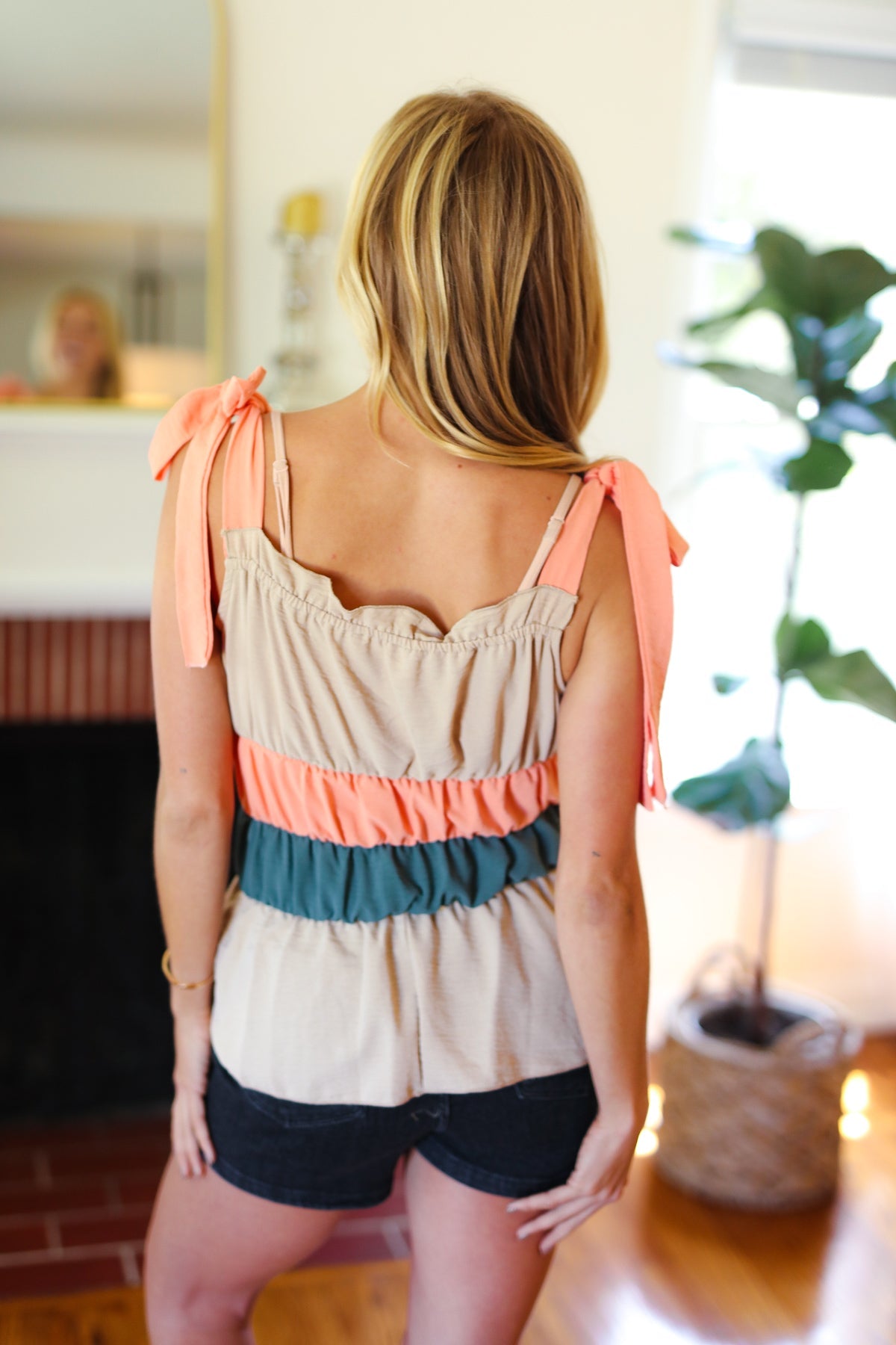 Peach Tie Knot Shoulder Detail Color Block Top Sugarfox