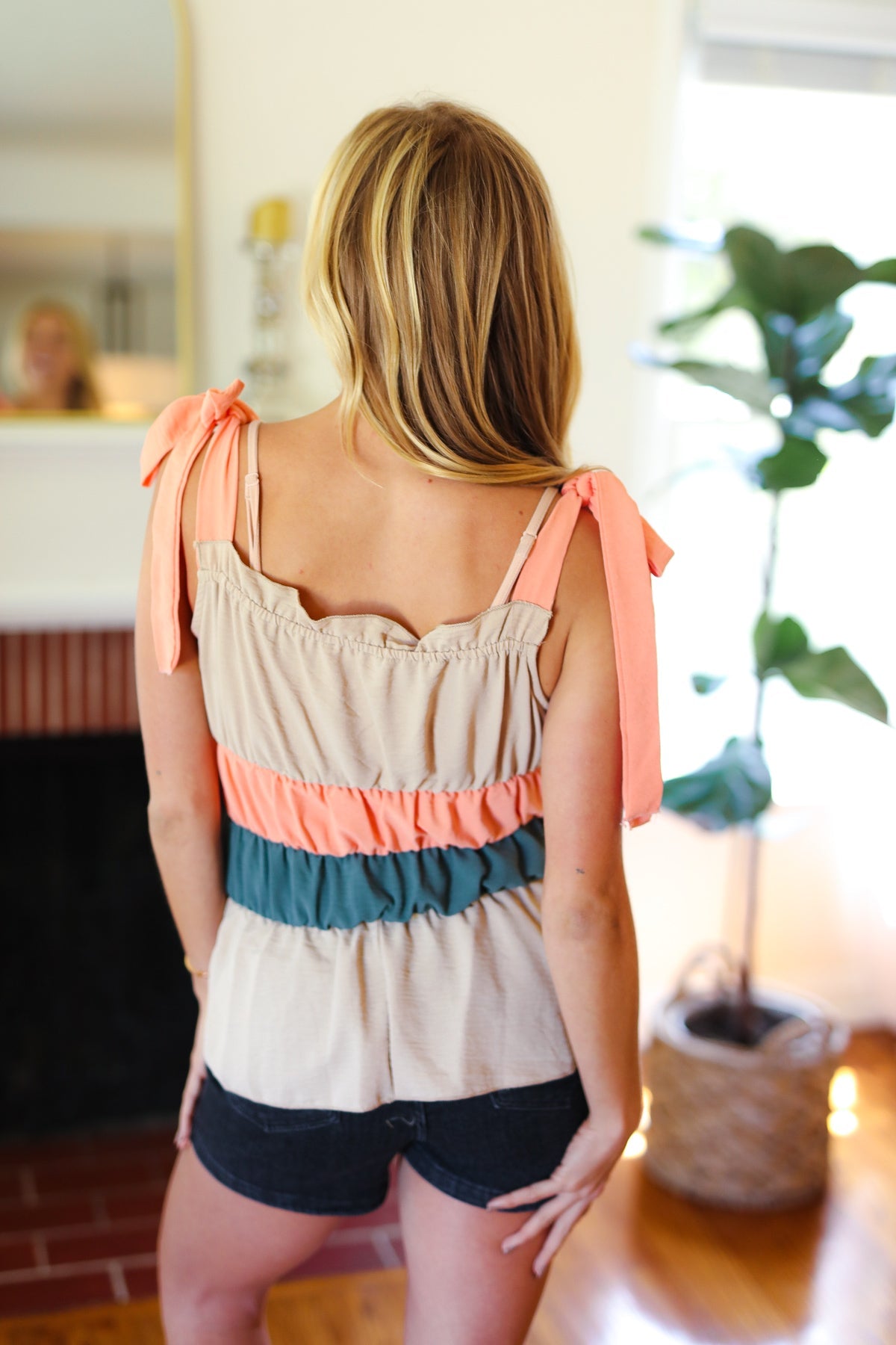 Peach Tie Knot Shoulder Detail Color Block Top Sugarfox