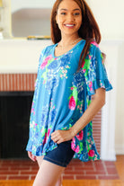 Feeling Playful Blue Floral Ruffle Sleeve & Hem Tunic Top Hayzel