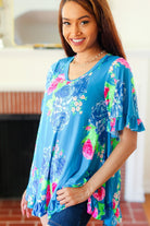 Feeling Playful Blue Floral Ruffle Sleeve & Hem Tunic Top Hayzel