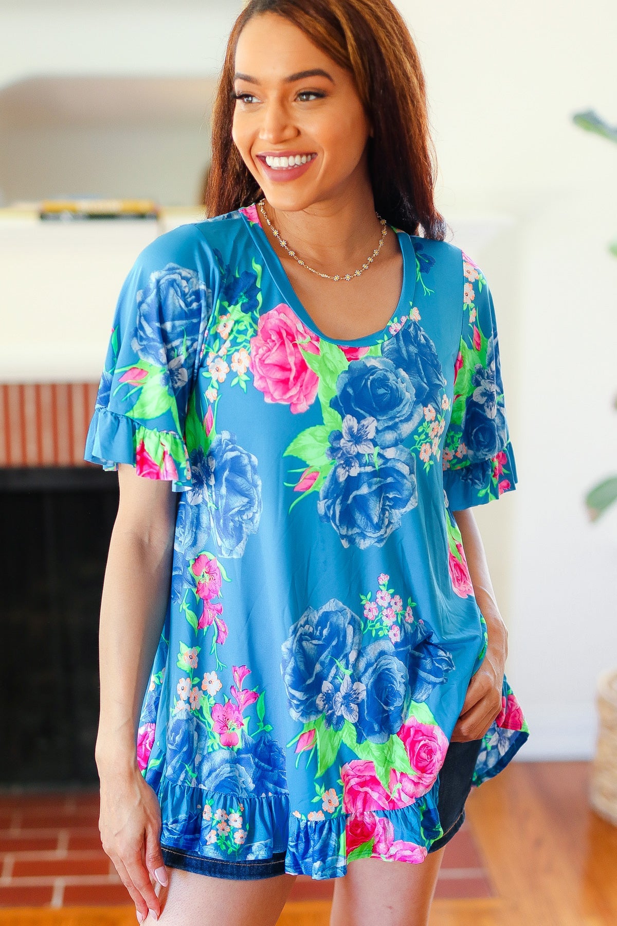 Feeling Playful Blue Floral Ruffle Sleeve & Hem Tunic Top Hayzel