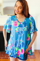 Feeling Playful Blue Floral Ruffle Sleeve & Hem Tunic Top Hayzel