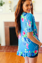 Feeling Playful Blue Floral Ruffle Sleeve & Hem Tunic Top Hayzel