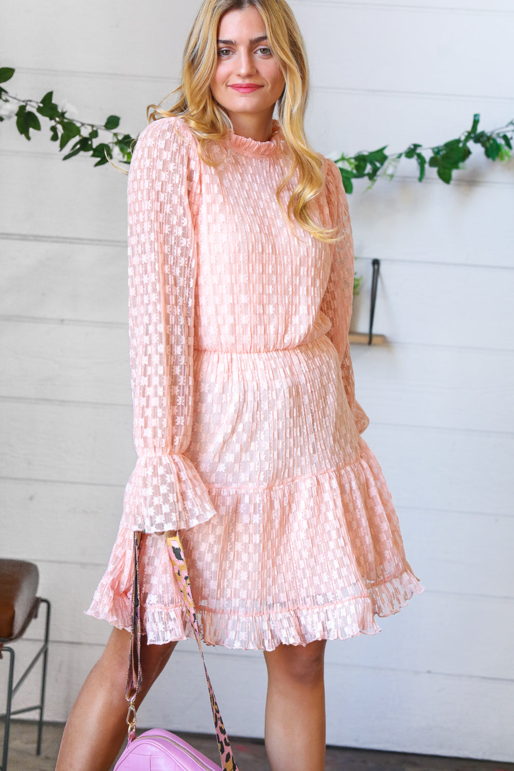 Peach Pleated Lace Bubble Sleeve Lined Dress Sugarfox