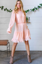 Peach Pleated Lace Bubble Sleeve Lined Dress Sugarfox