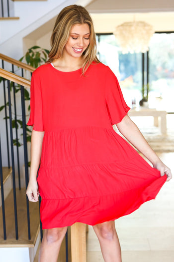 Feeling Bold Red Woven Panel Tiered Fluter Sleeve Dress Haptics