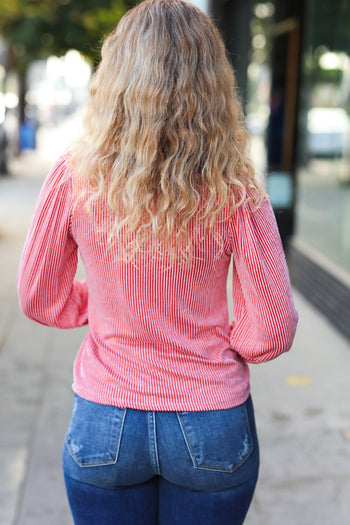 On Your Way Ruby Ribbed Mock Neck Puff Sleeve Top Zenana