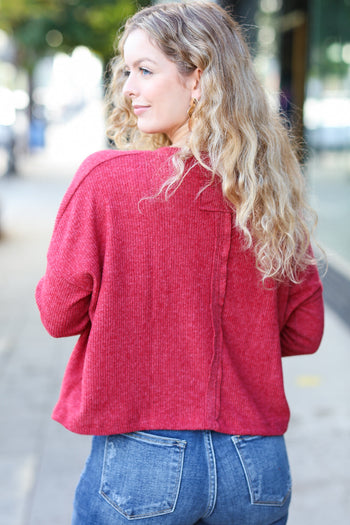 Stay Awhile Red Ribbed Dolman Cropped Sweater Zenana