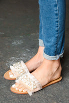 Blush Linen Fray Beaded Faux Pearl Slide Sandal CCOCCI