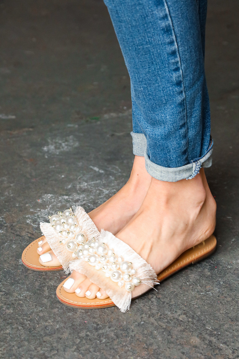 Blush Linen Fray Beaded Faux Pearl Slide Sandal CCOCCI