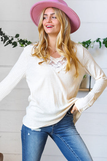 Cream Rib Lace V Neck Button Detail Top Sugarfox