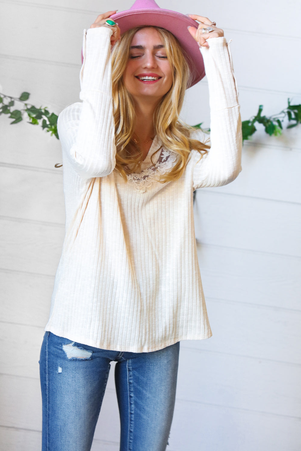 Cream Rib Lace V Neck Button Detail Top Sugarfox