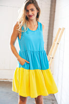 Blue Flare Color Block Tiered Woven Dress Haptics