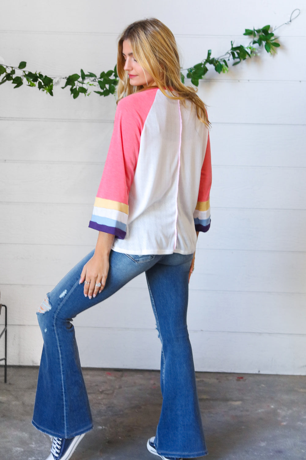 Pink Pointelle Color Block Wide Sleeve Pullover Sugarfox