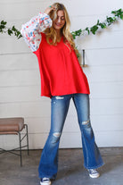 Red Chiffon Foiled Floral Thread Ruffle Sleeve Blouse Sugarfox