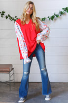 Red Chiffon Foiled Floral Thread Ruffle Sleeve Blouse Sugarfox