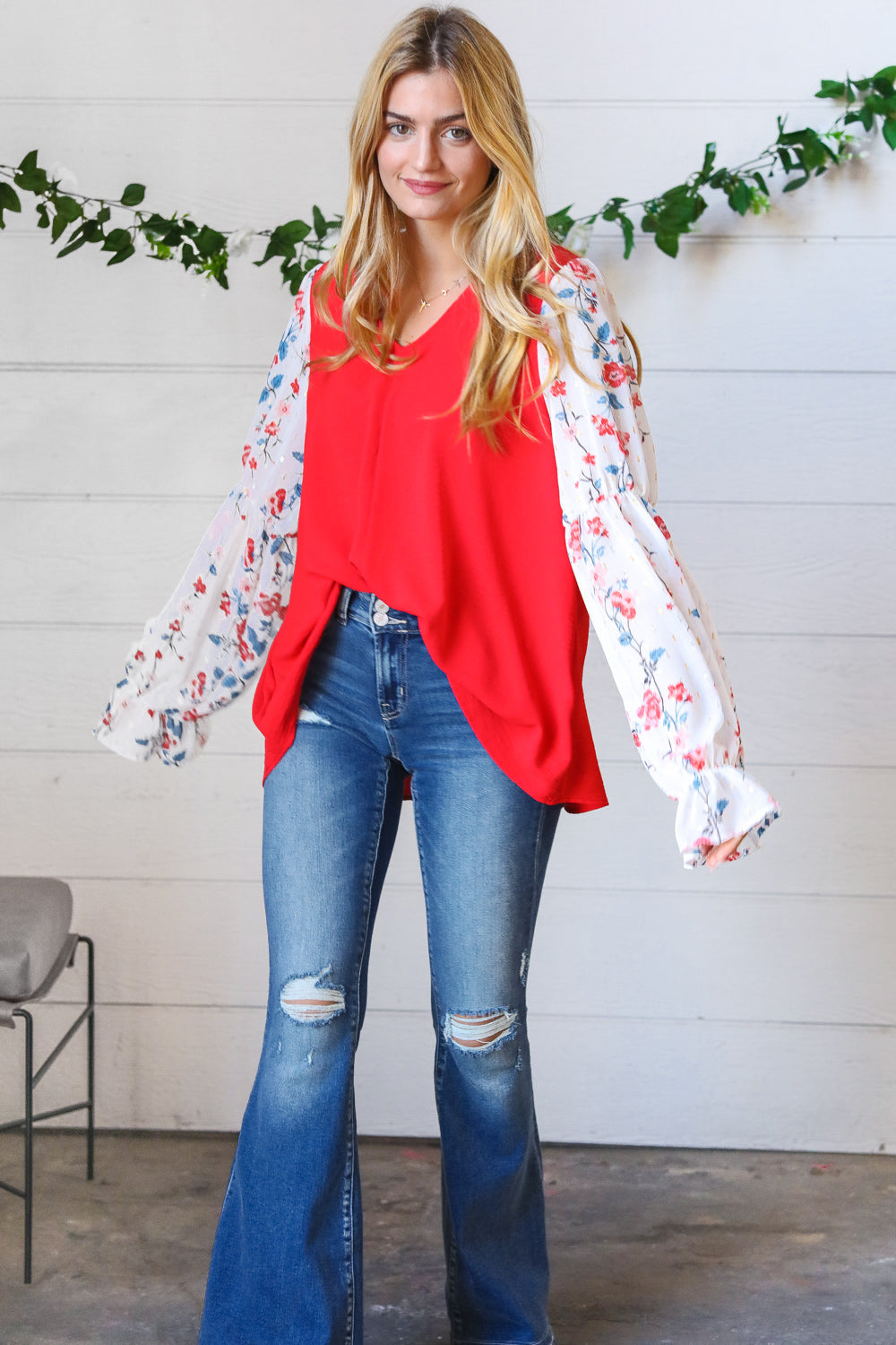 Red Chiffon Foiled Floral Thread Ruffle Sleeve Blouse Sugarfox