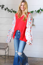 Red Chiffon Foiled Floral Thread Ruffle Sleeve Blouse Sugarfox