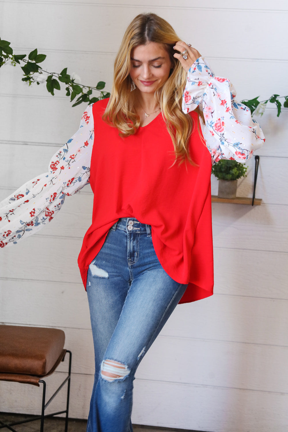 Red Chiffon Foiled Floral Thread Ruffle Sleeve Blouse Sugarfox